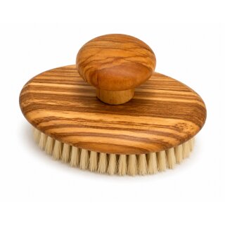 Massagebürste mit Knauf aus Olivenholz – helle Naturborsten